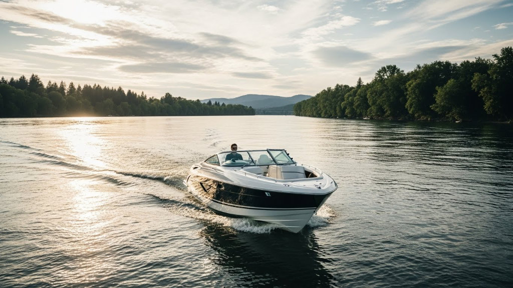 Scenic motorboat cruise on a tranquil river at golden hour. - Dirt Legal A person driving a white and black bowrider motorboat cruising on a calm river at sunset with lush green forests and distant mountains.