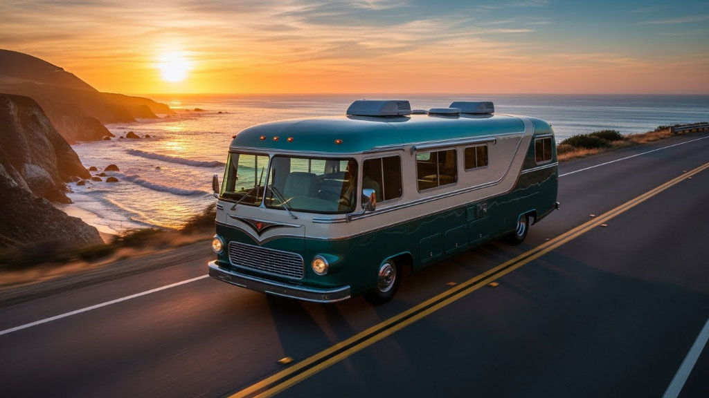 A classic teal and white motorhome cruising along a scenic coastal road during a golden sunset, representing the freedom of long-distance RV touring.