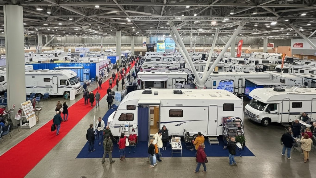 Large indoor RV show and caravan exhibition hall filled with various motorhomes, travel trailers, and campers with people walking along a red carpet aisle.