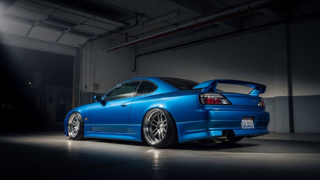 Modified blue Nissan Silvia S15 JDM sports car with stanced suspension and deep dish chrome wheels parked in a dark garage with dramatic lighting.