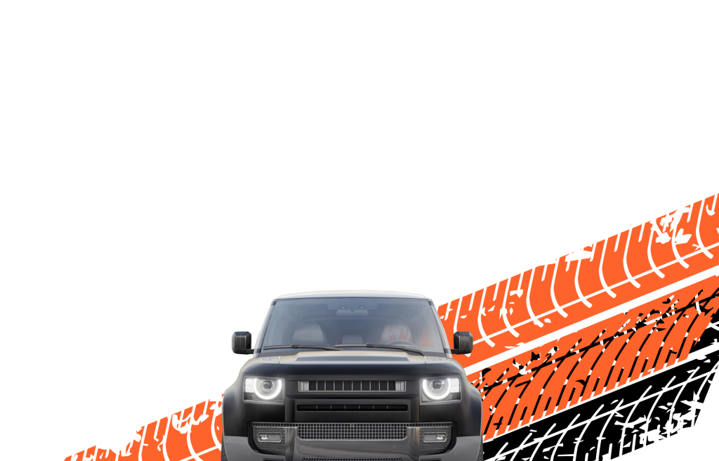 Front view of a black SUV with illuminated headlights against a black background featuring an orange tire tread graphic.