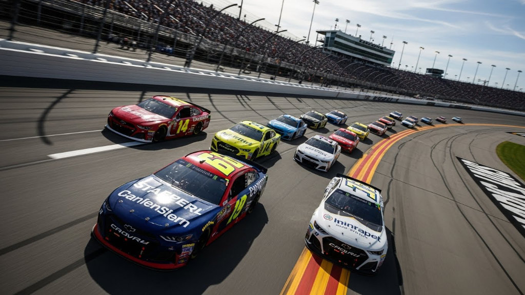 A high-speed pack of NASCAR stock cars tightens through a banked turn on a professional asphalt superspeedway under a clear blue sky.