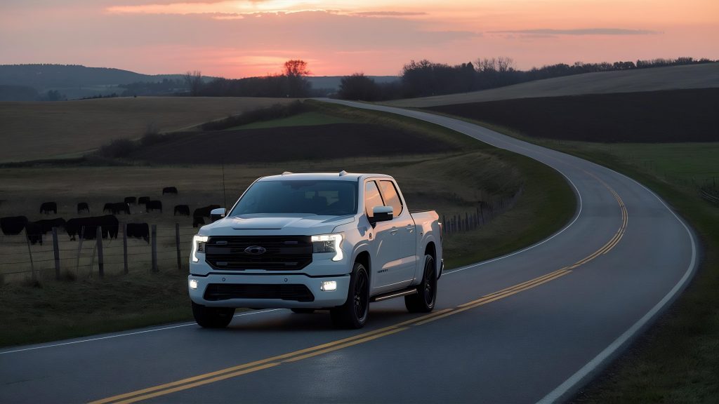 A white pickup truck drives along a winding country road at sunset, symbolizing freedom and opportunity like creating an llc in Monatan for vehicle registration.