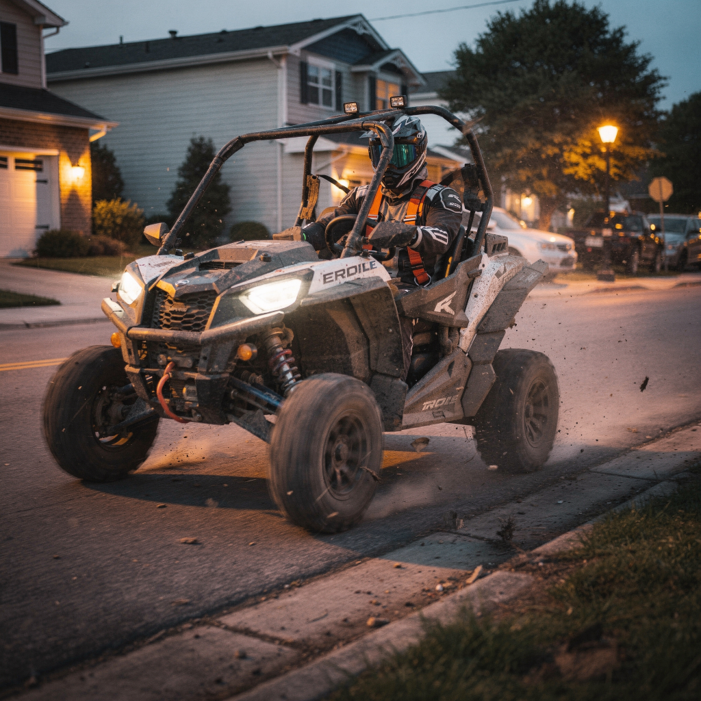 A helmeted rider drives a mud-covered side-by-side off-road vehicle quickly down a residential street at dusk, kicking up dirt along the curb.