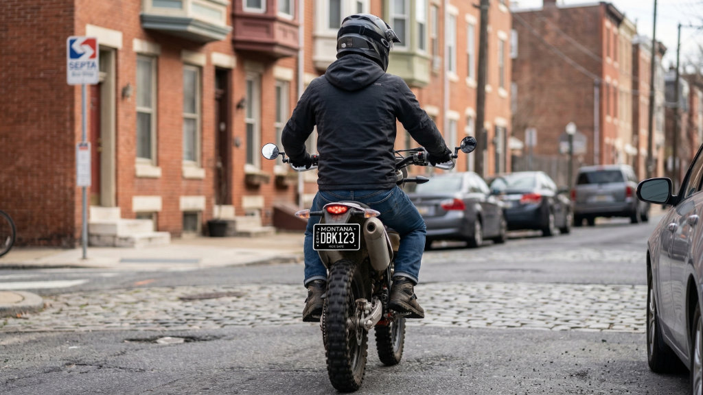 Rear view of a rider on a street-legal dirt bike with a visible Montana license plate riding in the city streets.