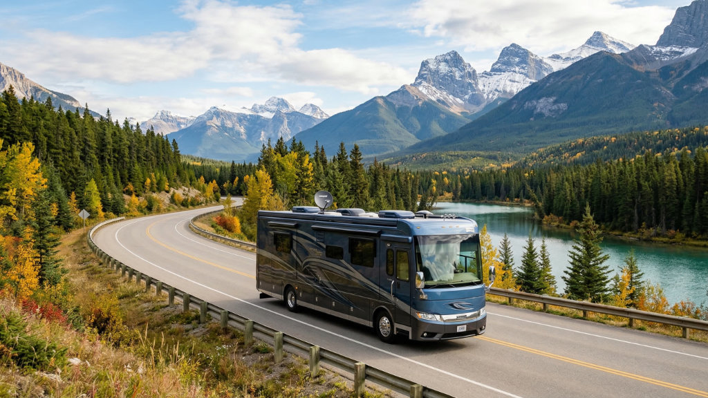 A large blue and silver luxury Class A motorhome driving on a winding two-lane paved highway with a guardrail. The road is surrounded by colorful autumn trees, a clear turquoise river, and a backdrop of massive, snow-capped rocky mountains under a partly cloudy sky. The RV has a satellite dish on its roof.