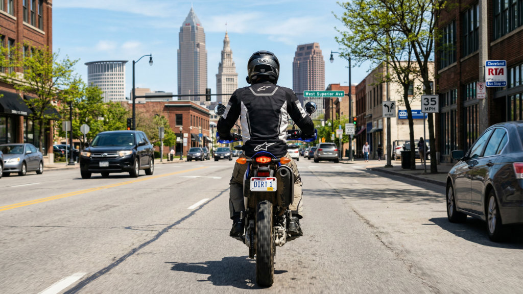 Rear view of a rider on a street-legal Yamaha dirt bike with a visible DIRT 1 license plate and Alpinestars gear riding toward a city skyline.