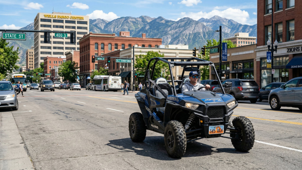A frontal view photo of a grey Polaris RZR side-by-side with a couple inside driving down a multi-lane street in downtown Atlanta. The UTV has custom street-legal lights and a Montana license plate.