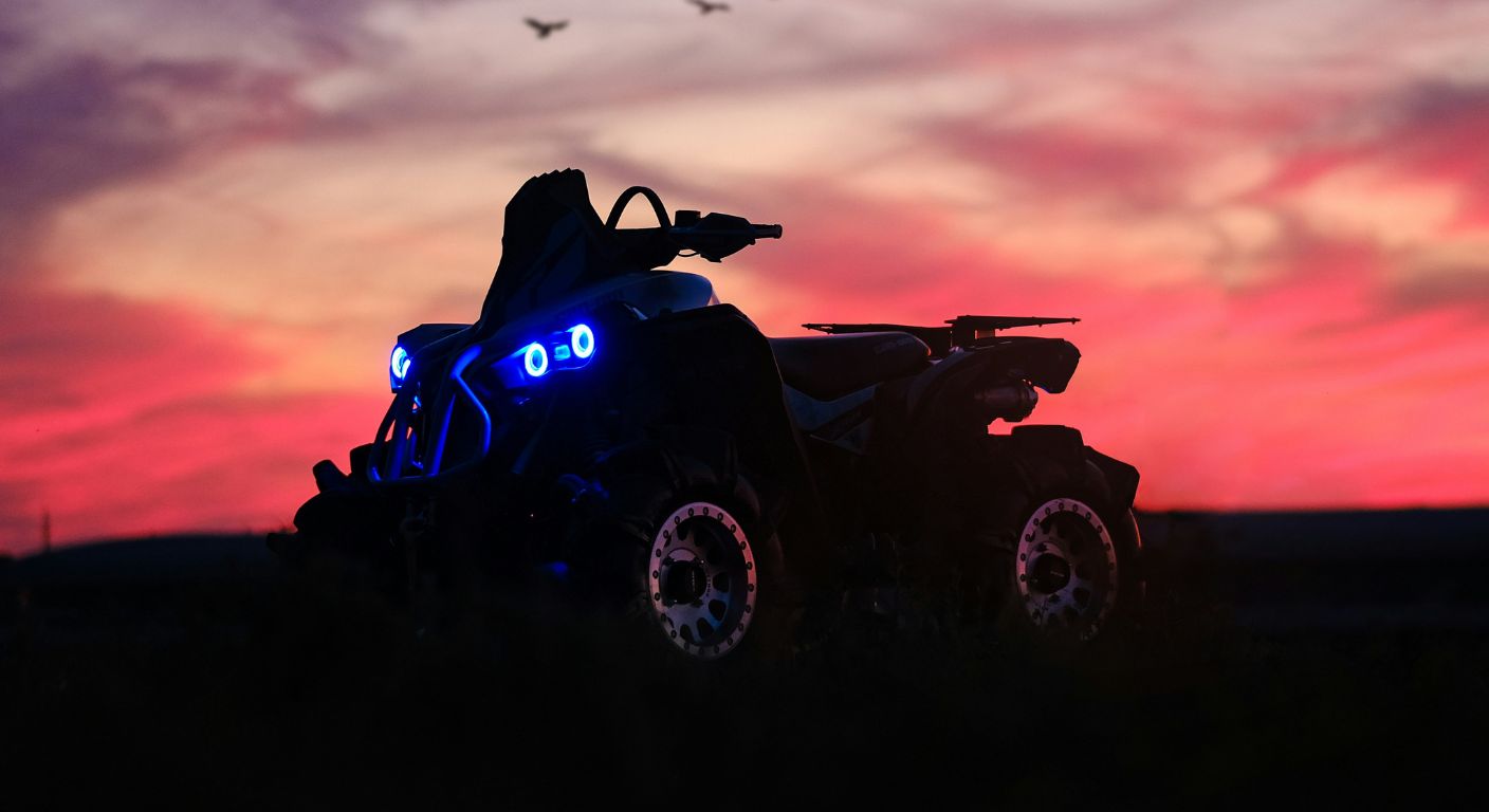 ATV with blue headlights parked on a dark field at sunset
