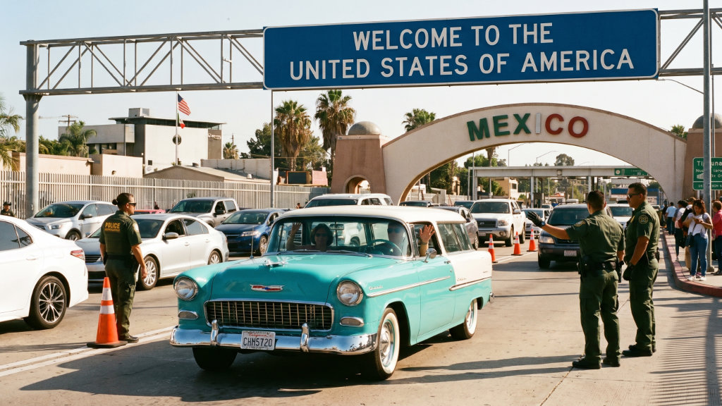 A teal and white 1955 Chevrolet Nomad driving through a U.S. Border Patrol checkpoint at the Mexico-United States border. Border agents are visible directing traffic under a large blue sign that reads Welcome to the United States of America.