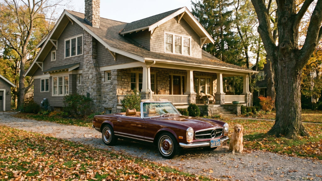 A classic burgundy Mercedes-Benz 280SL Pagoda convertible parked on a gravel driveway in front of a large craftsman-style home. A golden retriever sits next to the car among fallen autumn leaves, highlighting a successful vehicle import and registration.
