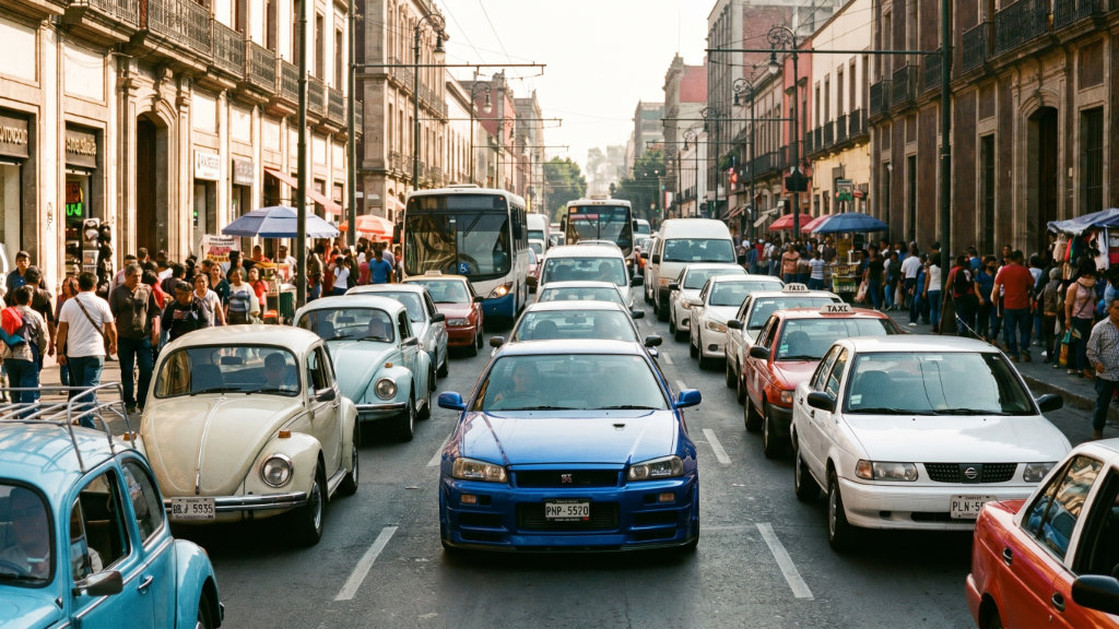 A bright blue Nissan Skyline GT-R R34 driving through heavy city traffic in Mexico. The car is surrounded by several classic Volkswagen Beetles and white Nissan Tsuru taxis on a busy urban street with historic architecture.