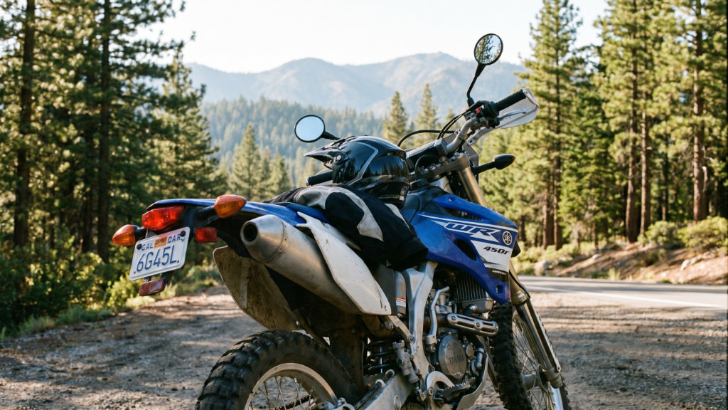 Blue dirt bike parked on a forest road with tall trees and distant mountains in the background, helmet resting on the seat.