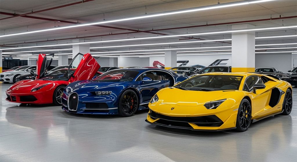 Three exotic sports cars in a bright showroom: red with its doors open, a blue car, and a yellow car in front.