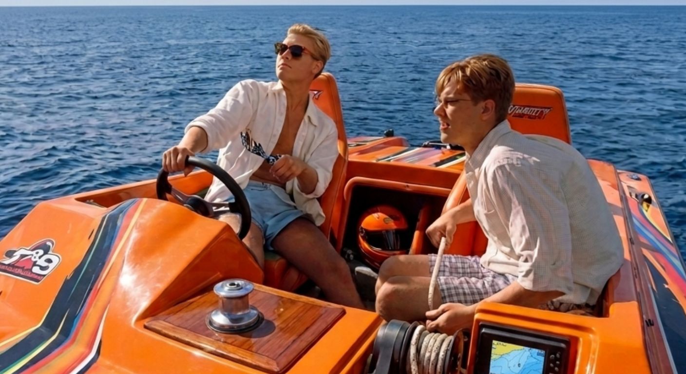 Two people riding in a high-performance orange powerboat on open water, representing high-value vessel ownership and registration planning.