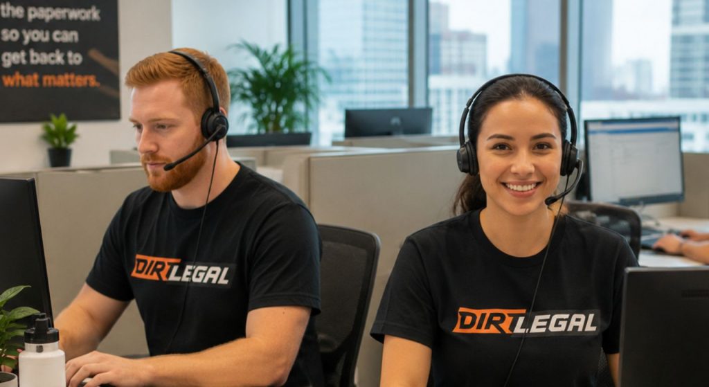 Two Dirt Legal team members wearing headsets work at their computers in a modern office, assisting customers and managing vehicle registration paperwork.