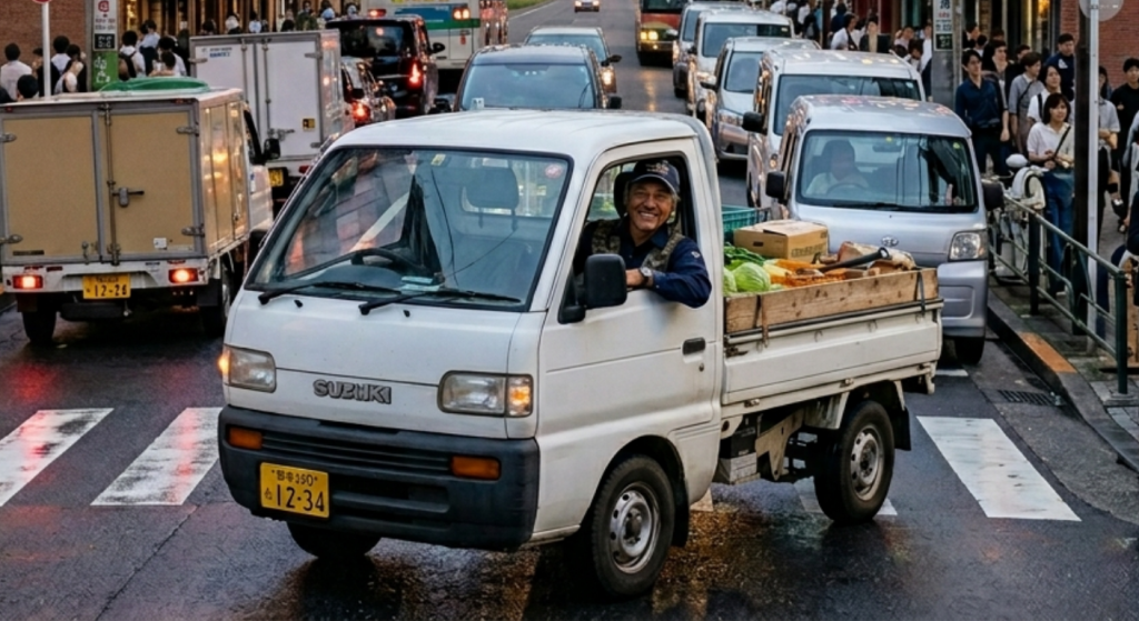 White Suzuki kei truck driving through a crowded city intersection with traffic and pedestrians in the background.