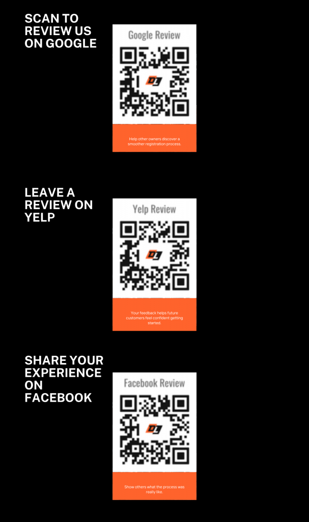 Graphic featuring three Dirt Legal review QR codes for Google, Yelp, and Facebook. Each section encourages customers to share their experience and help other vehicle owners navigate the registration process with confidence.