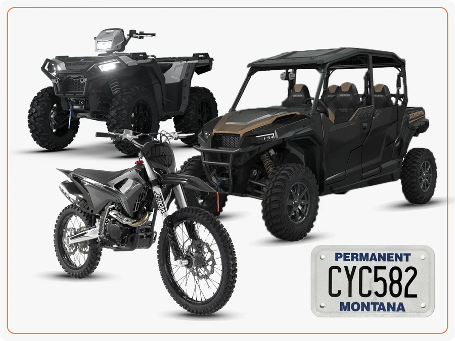 A collection of off-road vehicles: a black ATV, a two-seat side-by-side, and a dirt bike, with a Montana permanent license plate in the foreground.