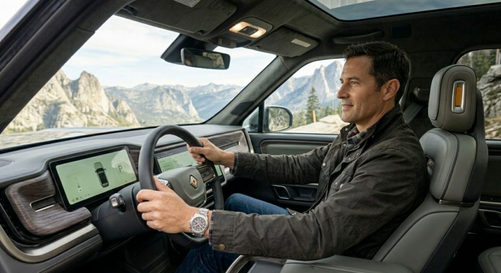 Man driving a modern electric off road SUV with a digital dashboard while traveling through a mountainous landscape