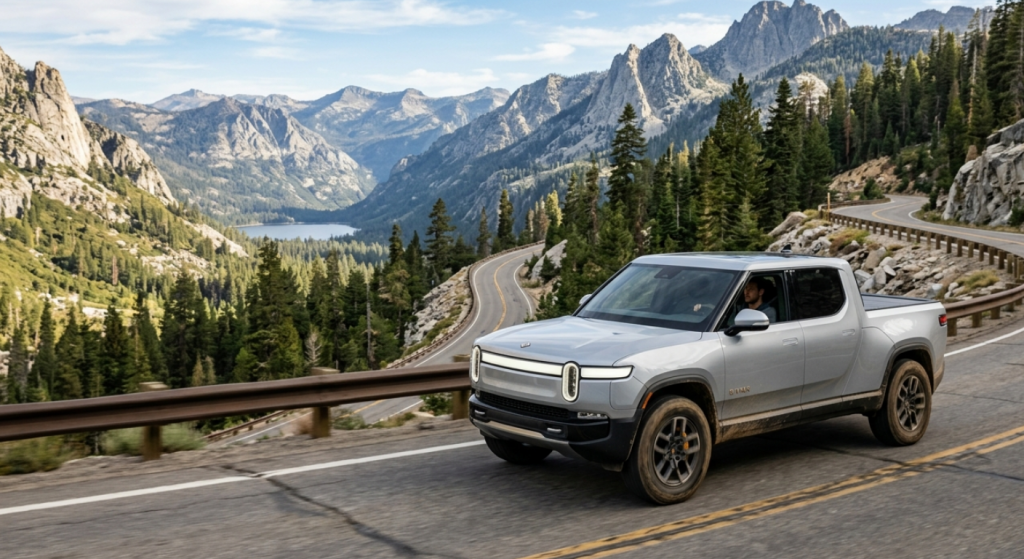 Silver electric pickup truck driving along a winding mountain road surrounded by forests and rocky peaks