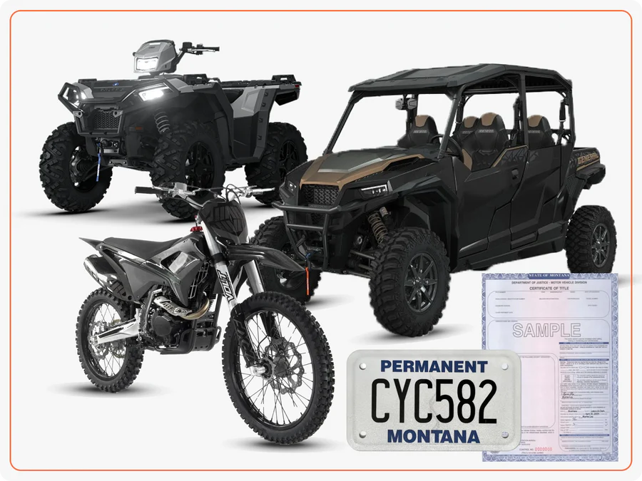 Group of off-road vehicles: a quad bike, a side-by-side UTV, a dirt bike, Montana license plate CYC582, and sample paperwork in the corner.