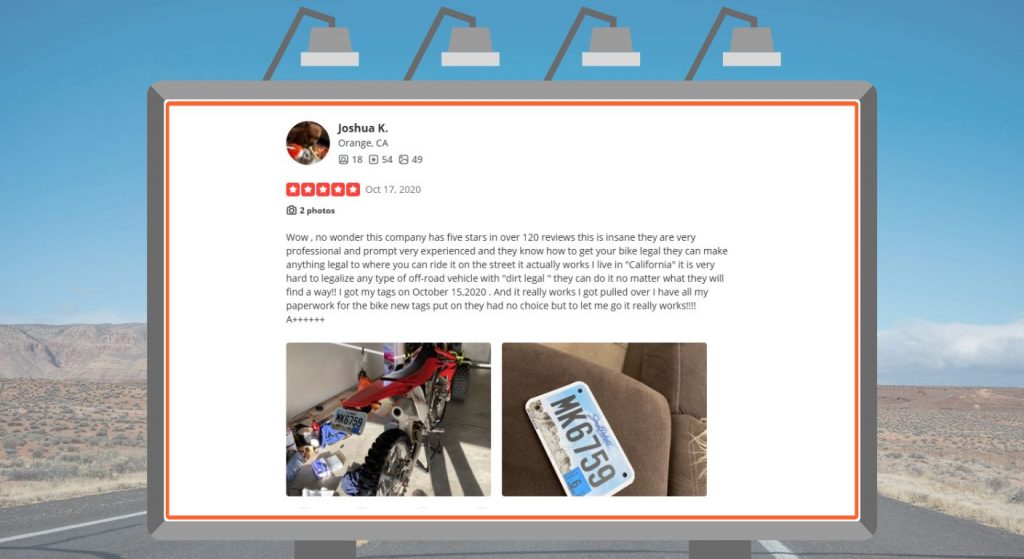 Large outdoor screen displaying Joshua K.'s social post about a bike project, with two photos of a dirt bike and a license plate beside the text.