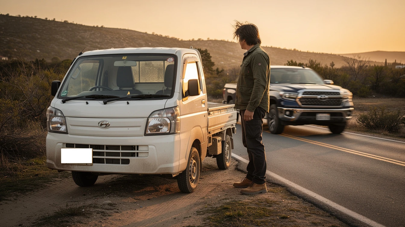 Man in a green jacket stands beside a small white pickup stopped on a dirt shoulder as the sun sets, a larger pickup driving past on the road.