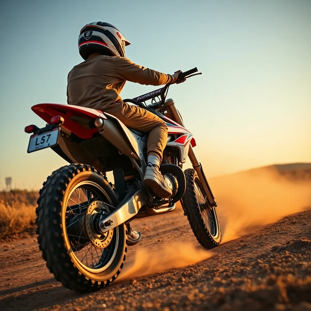 Motocross rider in tan gear on a red and white dirt bike kicking up dust on a sandy trail at sunset.