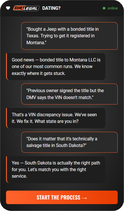 Mobile app screen with a dark theme showing a chat flow about car titles and a large orange 'START THE PROCESS' button.