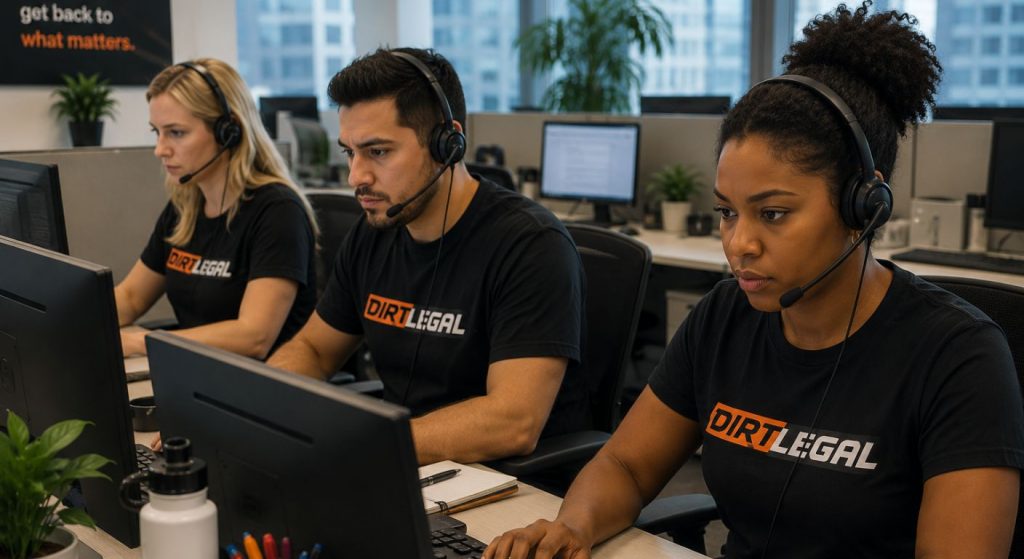 Three Dirt Legal customer support team members wearing headsets and working at computer stations in a modern office environment.
