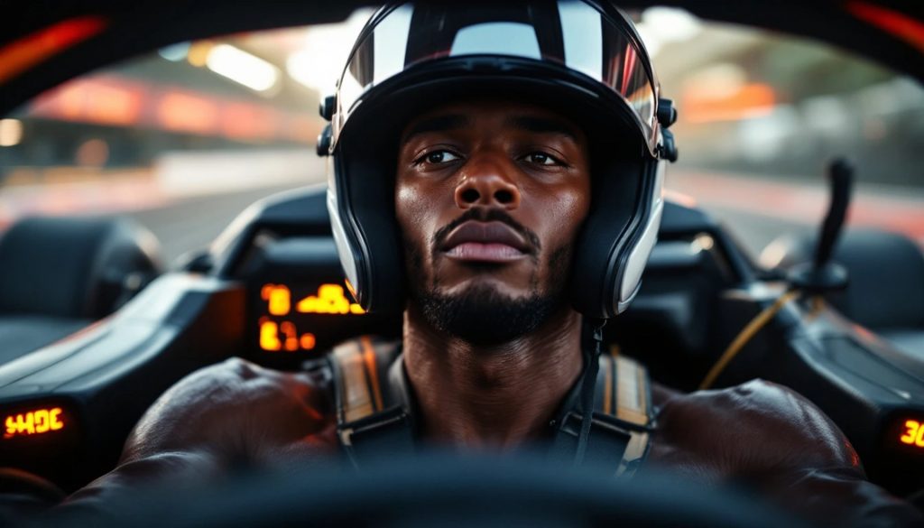 A helmeted race car driver sits behind the wheel of an open-cockpit racing vehicle, focused on the track ahead during a professional motorsports event.