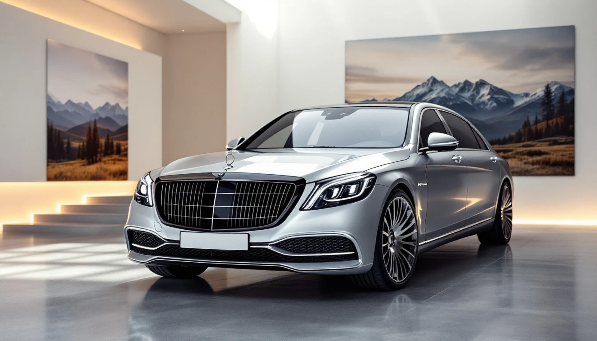 Silver Mercedes-Maybach luxury sedan displayed inside a modern showroom, representing high-end vehicle ownership, luxury car registration, and premium automotive services.