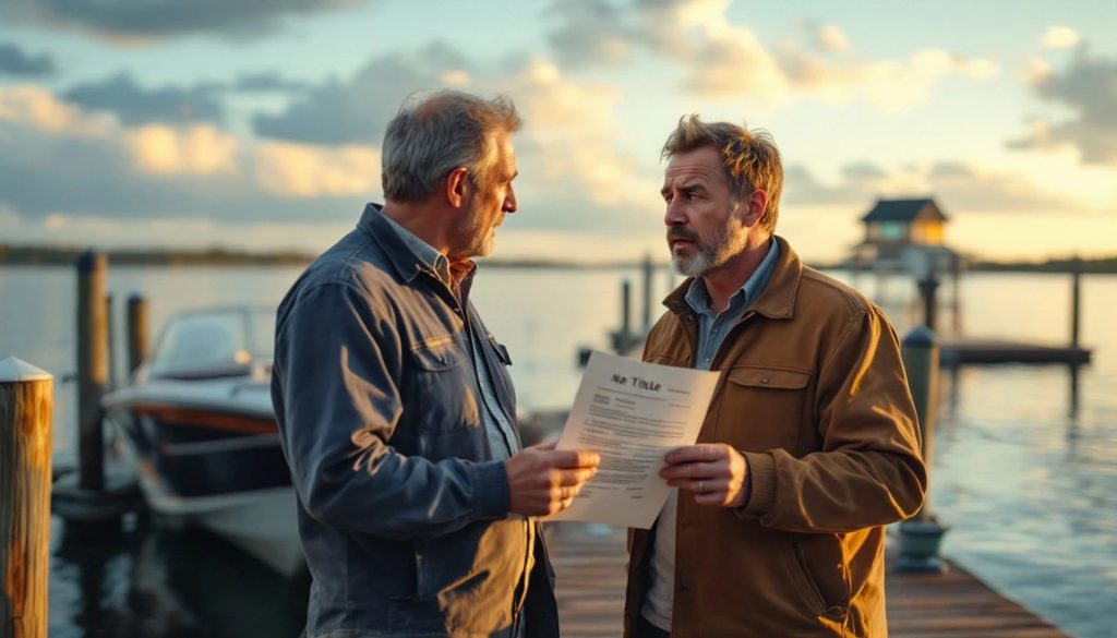 Two men standing on a marina dock reviewing paperwork near a boat during sunset.