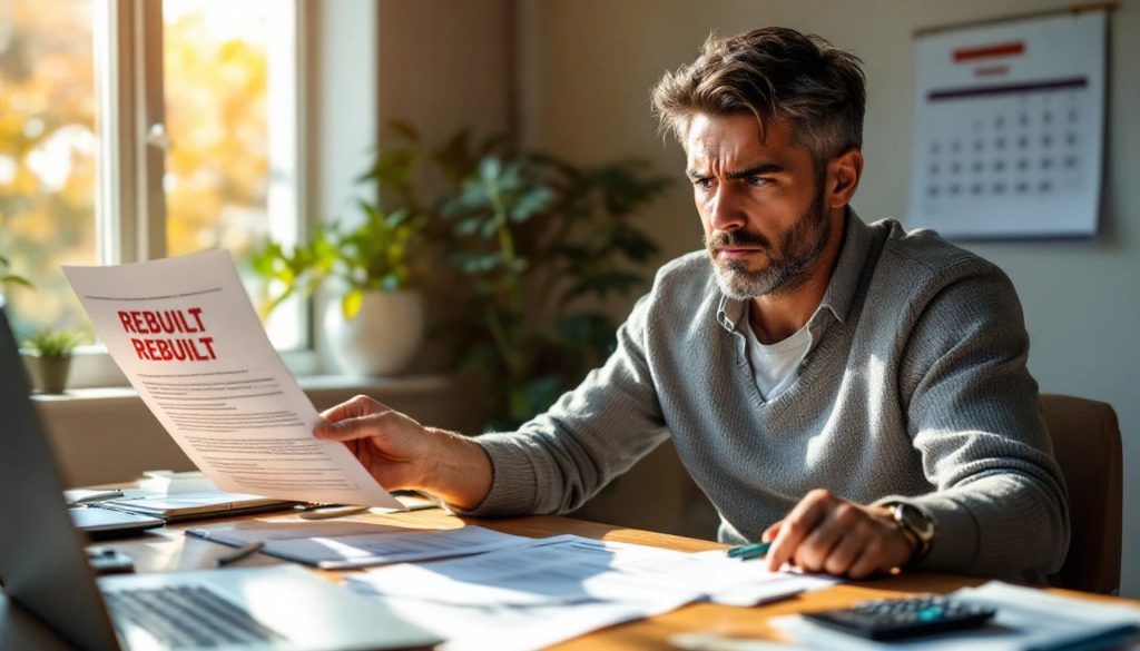 Focused man sitting at a desk reviewing rebuilt title paperwork and vehicle documents in a home office setting with sunlight coming through the window.