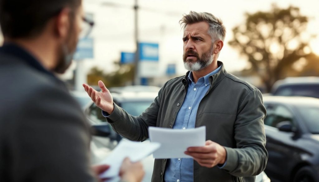 Man holding paperwork while speaking with another person at a car dealership or vehicle lot.