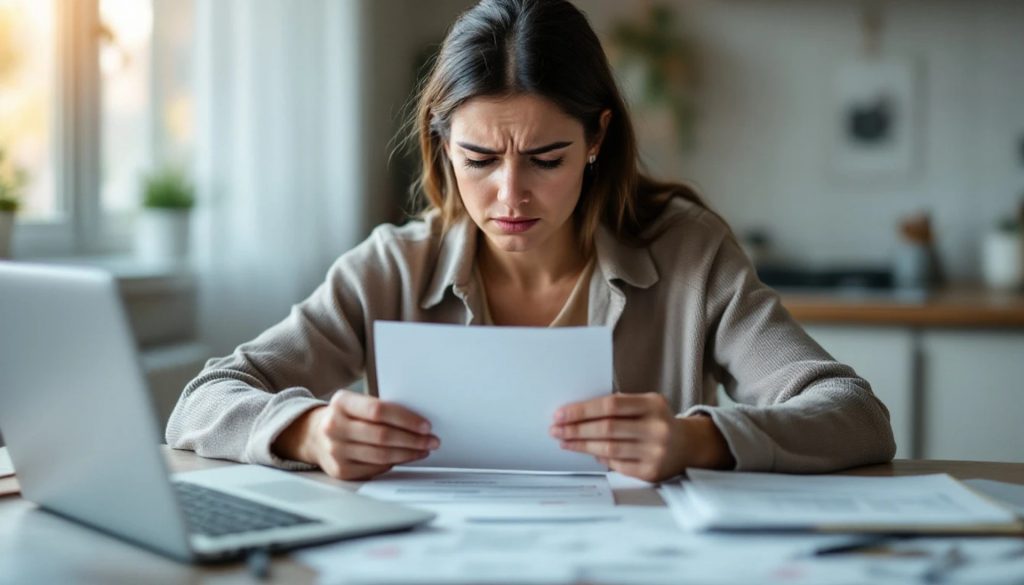Concerned woman sitting at a table reviewing paperwork related to vehicle registration or title documents beside a laptop in a home office setting.