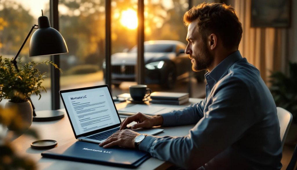 Man working on Montana LLC vehicle registration paperwork on a laptop at a home office desk during sunset with a vehicle visible outside the window