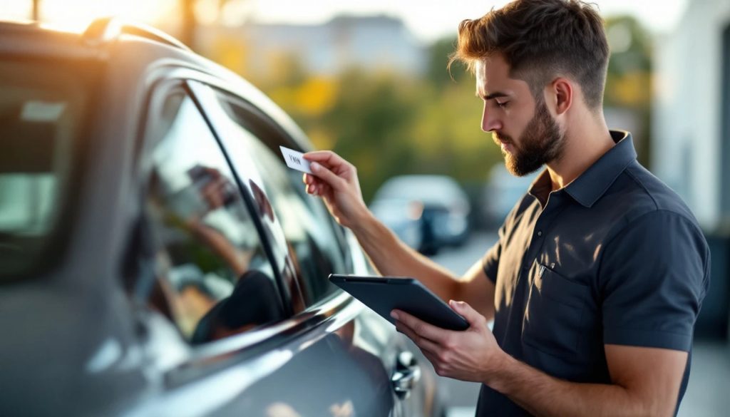 Man checking a vehicle VIN plate while holding a tablet during a VIN inspection and vehicle registration verification process outdoors