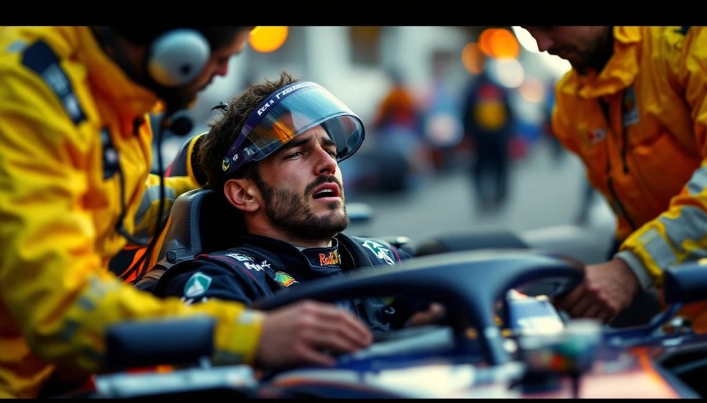 A race car driver seated in an open-cockpit racing vehicle receives assistance from emergency personnel in high-visibility safety gear during a motorsports event.
