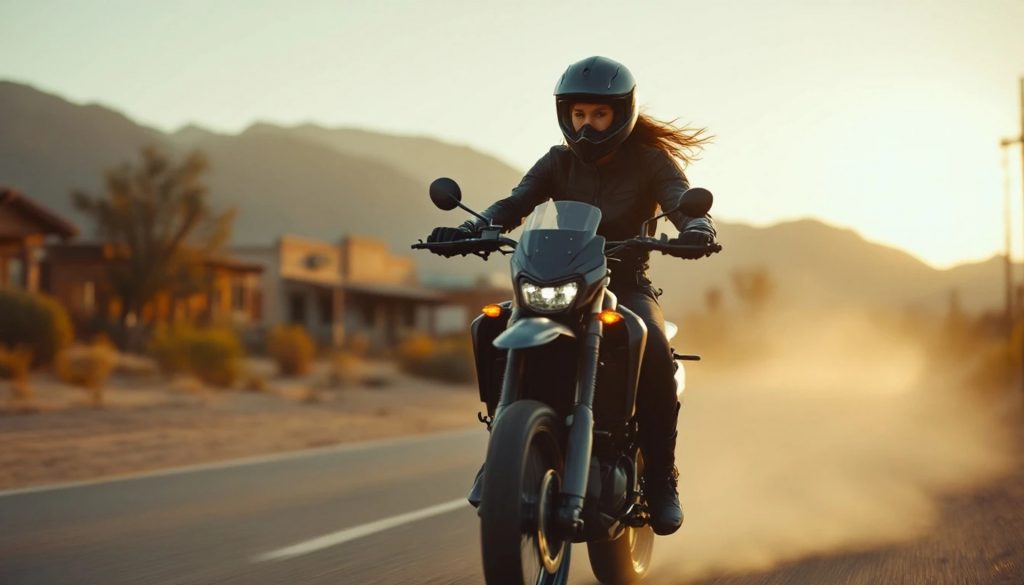 Young woman riding a street-legal dirt bike on a paved desert road at sunset with mountains and dust in the background