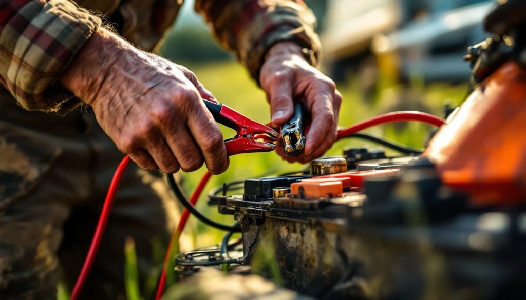 Close-up of a person connecting jumper cables to a vehicle battery during a roadside battery jump-start outdoors at sunset