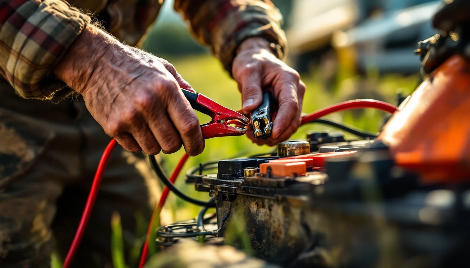 Close-up of a person connecting jumper cables to a vehicle battery during a roadside battery jump-start outdoors at sunset