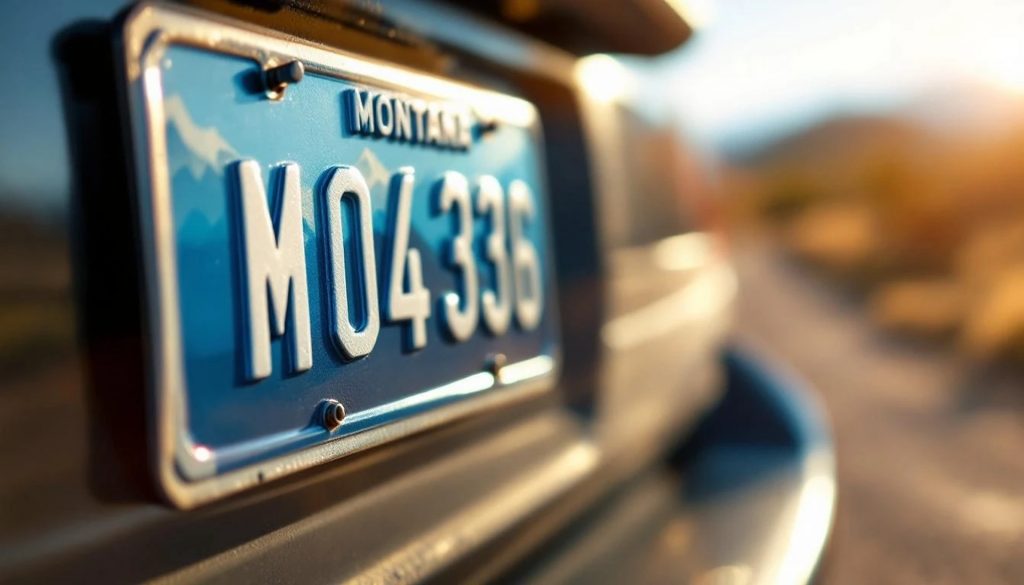 Close-up of a Montana license plate mounted on a vehicle driving on a rural road at sunset, representing kei truck and imported vehicle registration options in the United States.