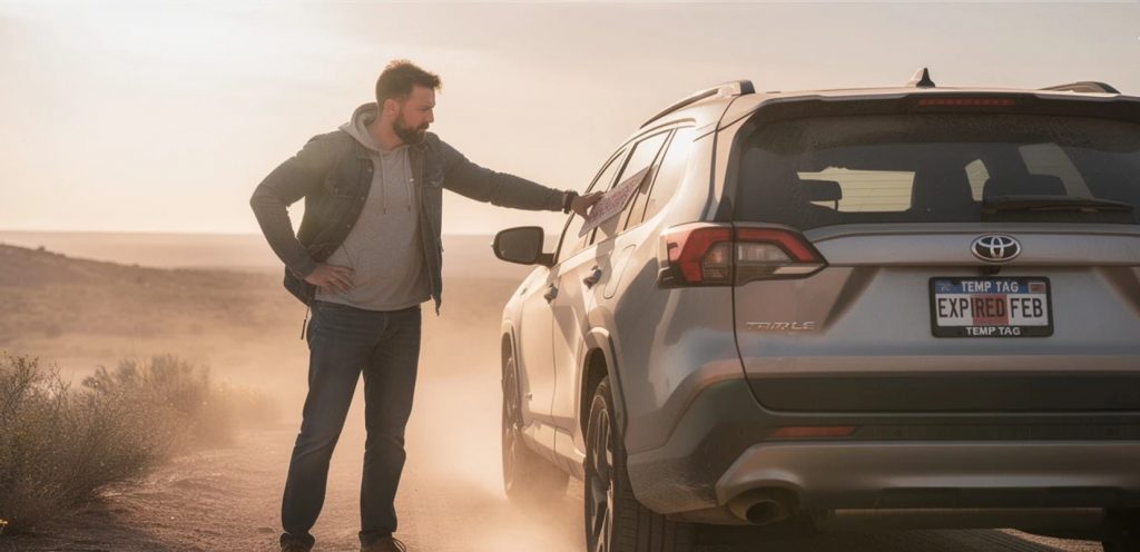 A man stands beside a silver SUV on a dirt road and looks at the vehicle’s rear as if checking an expired temporary plate.