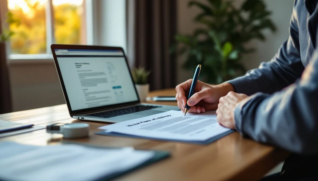 Person signing vehicle registration documents at a desk beside a laptop during an online title and registration process
