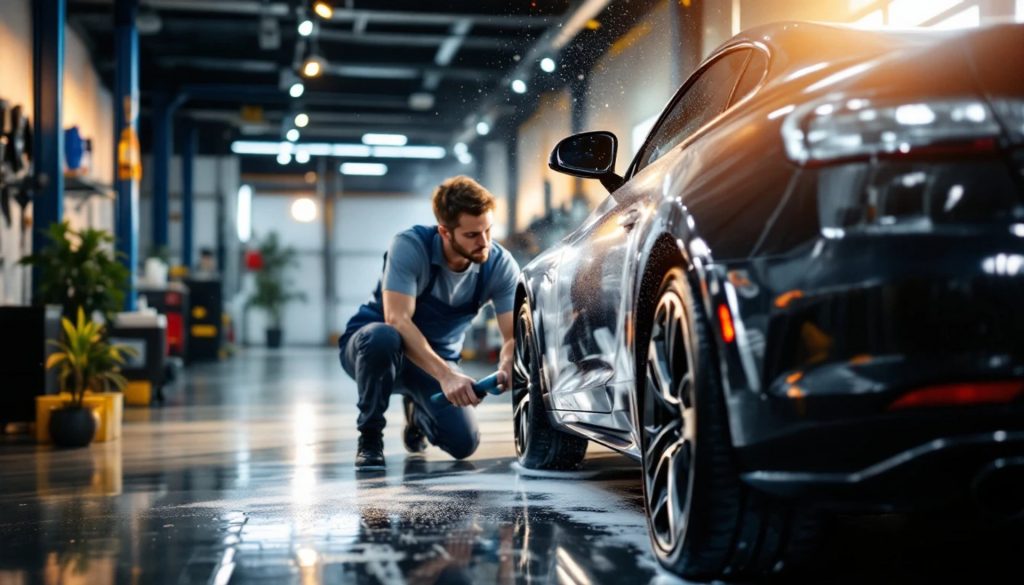 Technician polishing the side of a black sports car inside a modern auto detailing shop with a high-gloss floor and professional lighting.