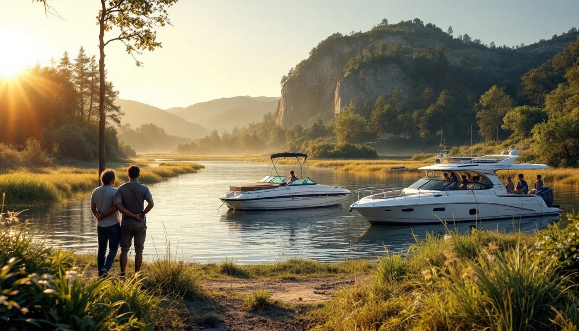 People standing by a river watching recreational boats on the water surrounded by mountains and trees at sunset.
