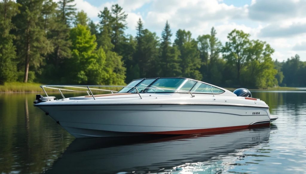 White recreational speedboat floating on a calm lake surrounded by trees during daytime.