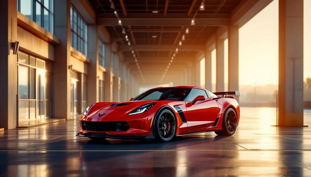 Red high-performance sports car parked inside a modern industrial building at sunset, representing luxury vehicle ownership and premium registration services.